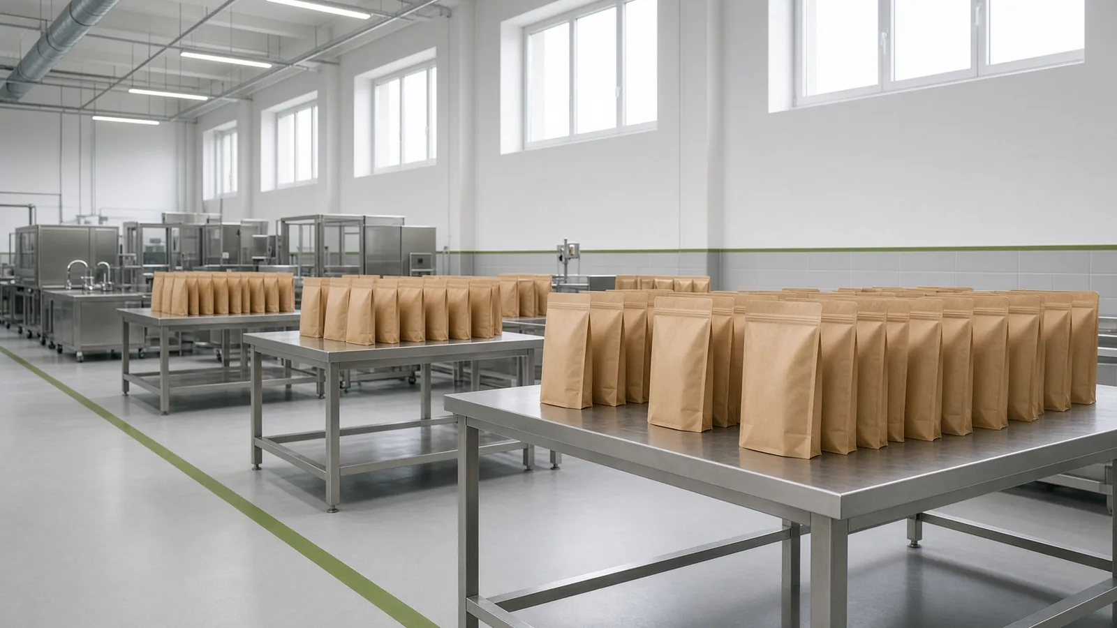 Packing hall with blank kraft pouches, no people