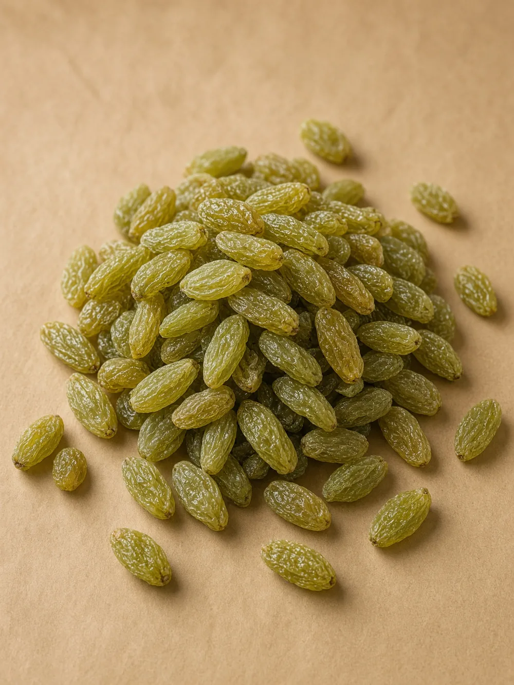 Green raisins on kraft paper